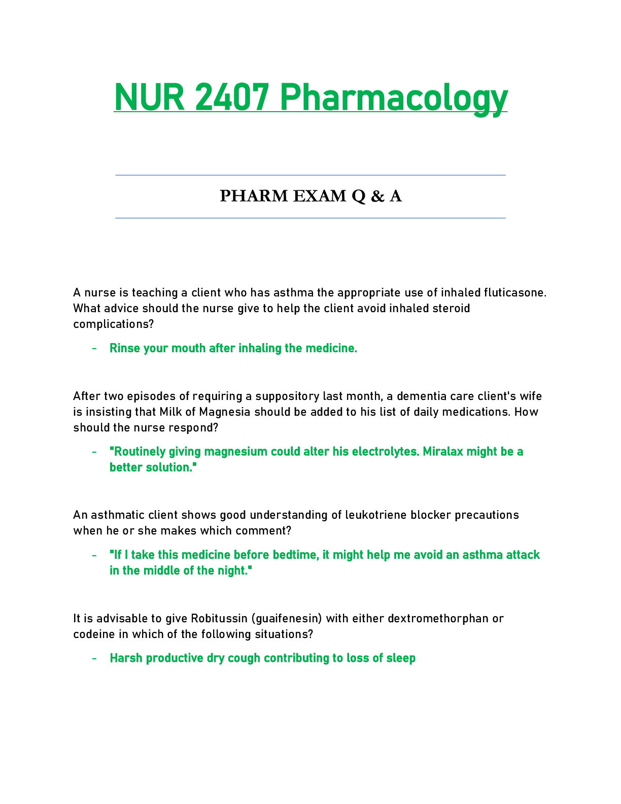 NUR2407 / NUR 2407 Exam Q & A Updated: Pharmacology - Rasmussen